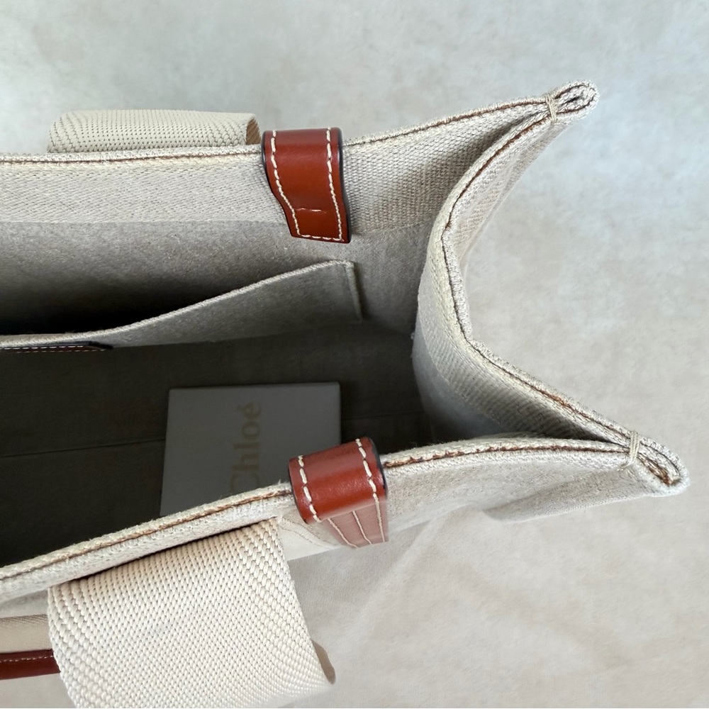 Chloé Woody Medium Tote Beige Linen Canvas Logo Strap Brown Leather Trim - Picture 15 of 17